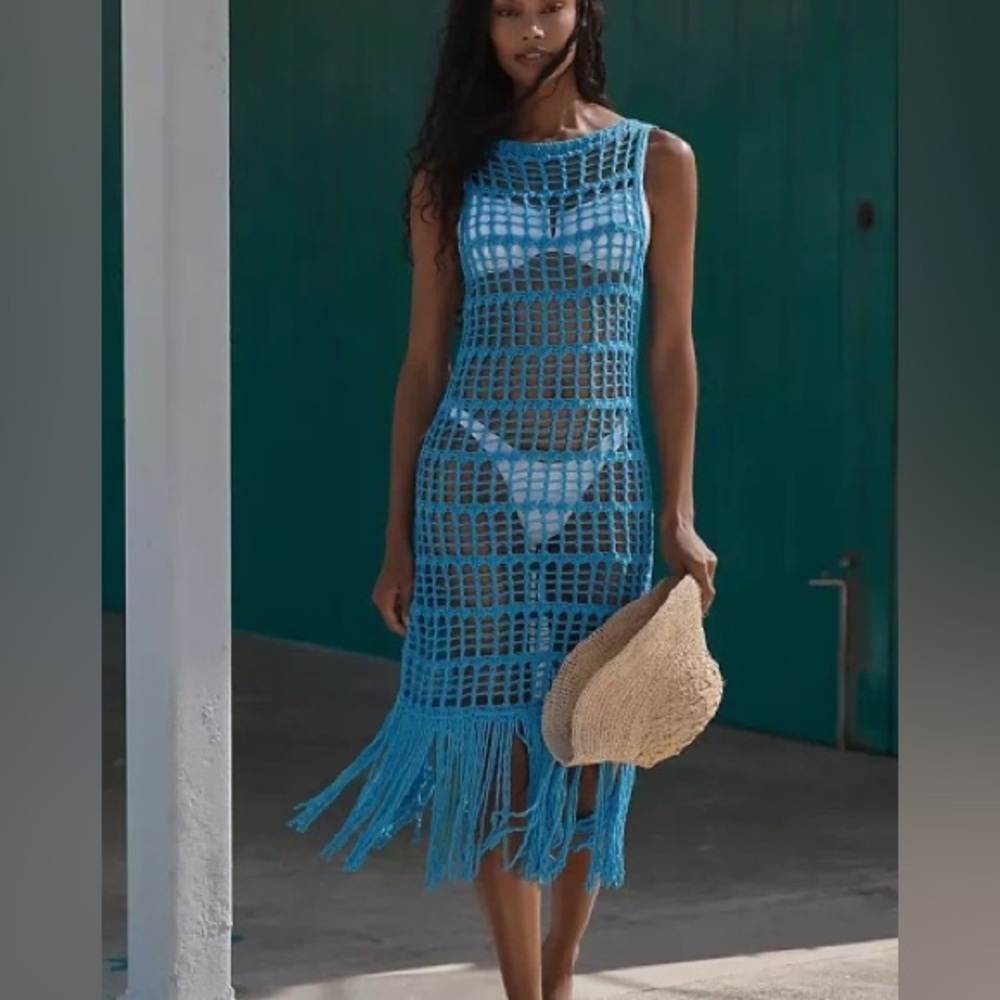 Anthropologie Blue Crochet Fringe Swim Coverup